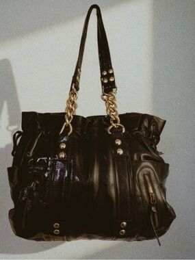 Marco Buggiani Black Chain Studded Accent Magnetic Zip Closure Shoulder Bag